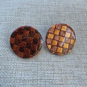 Checkered Polymer Clay Copper and Brown Button Earrings